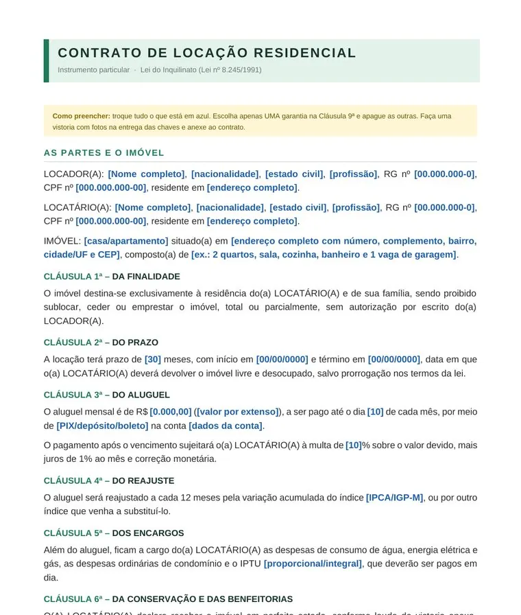 Prévia: Modelo de Contrato de Aluguel Residencial