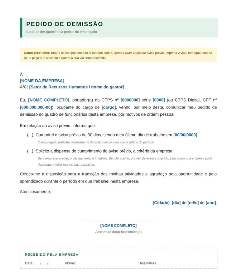 Prévia: Modelo de Pedido de Demissão