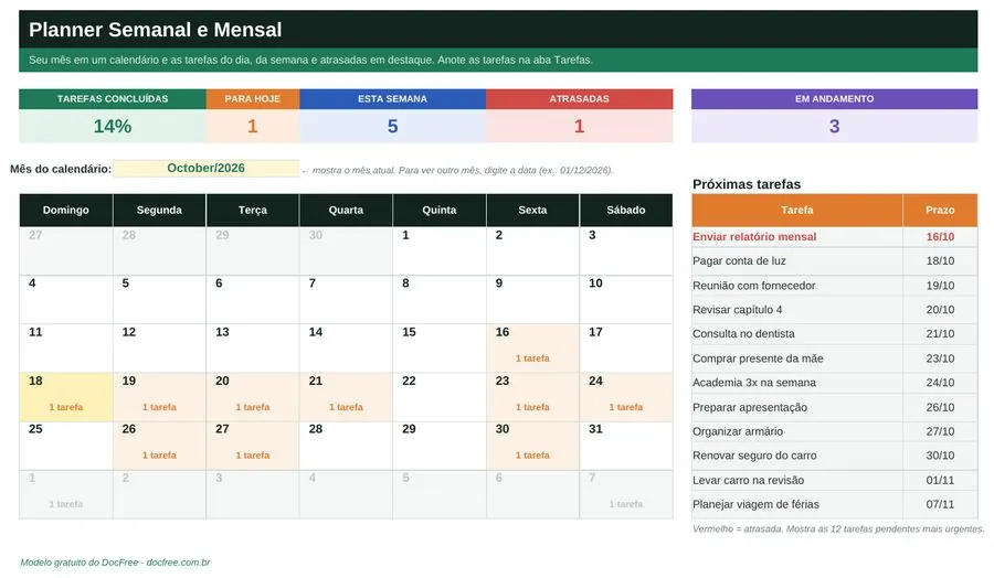 Prévia: Planilha Planner Semanal e Mensal